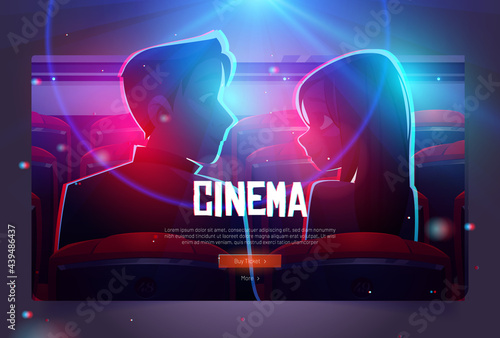 Cinema cartoon web banner, loving couple in movie theater, man and woman look on each other sitting in empty hall front of glowing screen with film, buying tickets online service vector webpage design