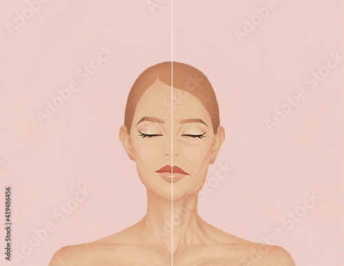 Illustration of a half old and half young woman. Aging concept. photo