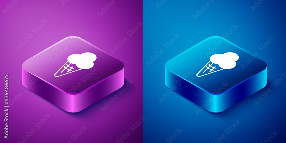 Isometric Ice cream in waffle cone icon isolated on blue and purple background. Sweet symbol. Square button. Vector Isometric Ice cream in waffle cone icon isolated on blue and purple background. Sweet symbol. Square button. Vector