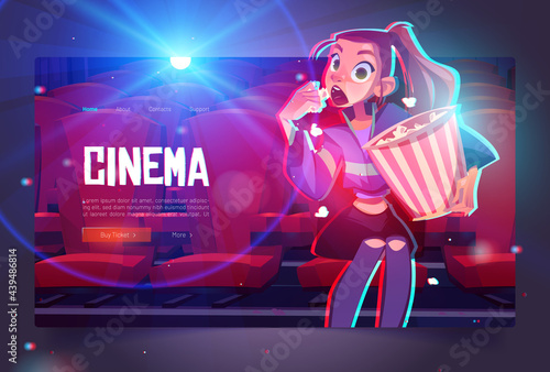 Cinema cartoon web banner, young mesmerized girl with pop corn bucket sitting in movie theater front of screen watching very interesting film with open mouth, buy tickets online, Vector webpage design