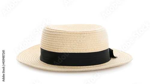 Stylish summer hat on white background