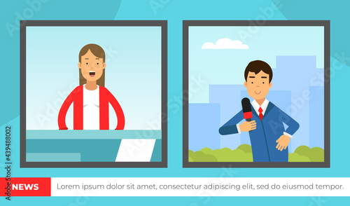 Male and Female Journalist Conducting Interview on Television Broadcast Reporting News and Information Vector Illustration
