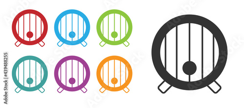 Black Wooden barrel icon isolated on white background. Alcohol barrel, drink container, wooden keg for beer, whiskey, wine. Set icons colorful. Vector
