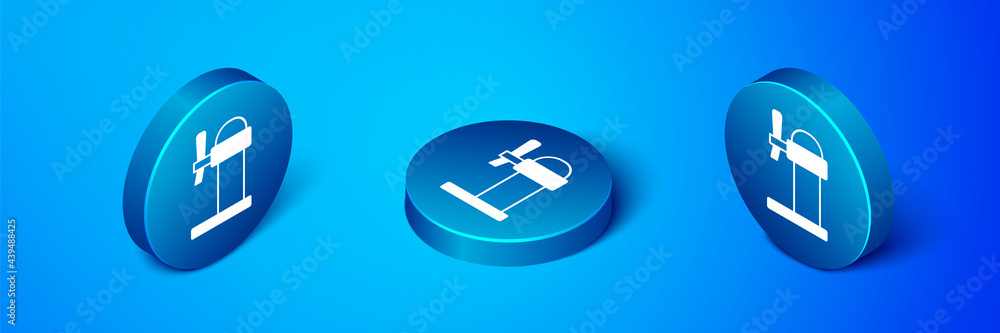 Isometric Dispenser beer icon isolated on blue background. Beer wide tower with tap. Blue circle button. Vector Isometric Dispenser beer icon isolated on blue background. Beer wide tower with tap. Blue circle button. Vector
