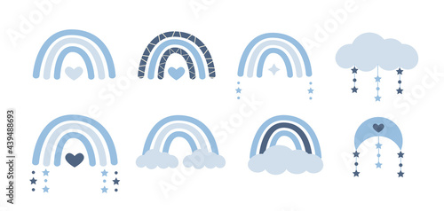 Scandinavian boho rainbows set with clouds, stars, drops, crescent in pastel blue colors. Celestial clip art. Hand drawn vector element for nursery decoration, baby shower. Vector flat illustration.