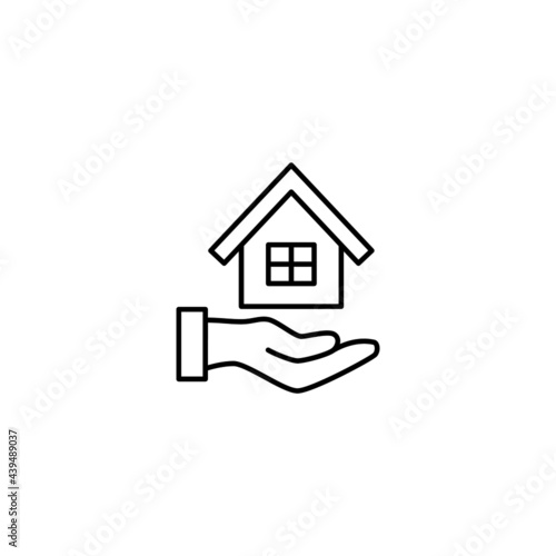 Real estate, house insurance in flat black line style, isolated on white background 