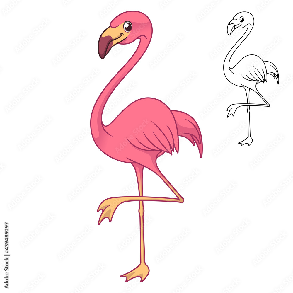 Fototapeta Cute Happy Pink Flamingo with Line Art Drawing, Animal Birds, Vector Character Illustration, Cartoon Mascot Logo in Isolated White Background.