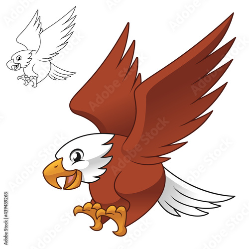 Cute Happy Eagle Falcom Hawk Flying Ready Pounce Prey with Line Art Drawing, Animal Birds, Vector Character Illustration, Cartoon Mascot Logo in Isolated White Background.