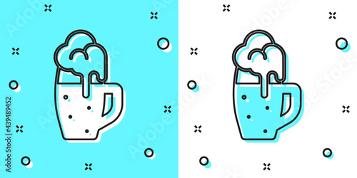 Black line Glass of beer icon isolated on green and white background. Random dynamic shapes. Vector