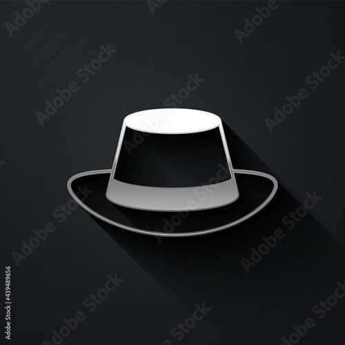 Silver Oktoberfest hat icon isolated on black background. Hunter hat with feather. German hat. Long shadow style. Vector