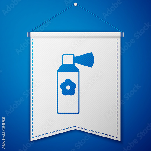 Blue Air freshener spray bottle icon isolated on blue background. Air freshener aerosol bottle. White pennant template. Vector