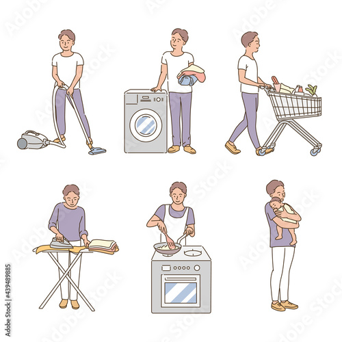 A man is doing housework. hand drawn style vector design illustrations. 