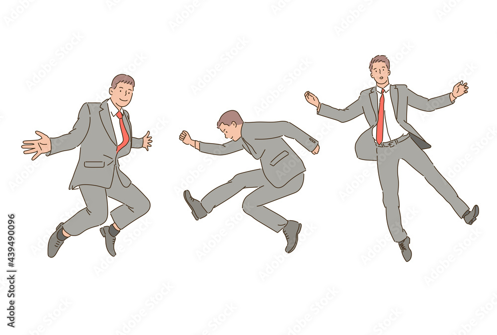 A businessman in a suit is jumping and having fun. hand drawn style vector design illustrations. 