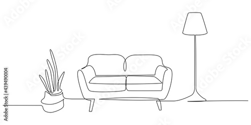 Continuous one line drawing of Sofa with lamp lampshade and home plant. Modern and furniture in simple Linear style. Doodle vector illustration