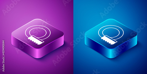 Isometric Washing dishes icon isolated on blue and purple background. Cleaning dishes icon. Dishwasher sign. Clean tableware sign. Square button. Vector