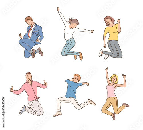 People are jumping happily. hand drawn style vector design illustrations. 