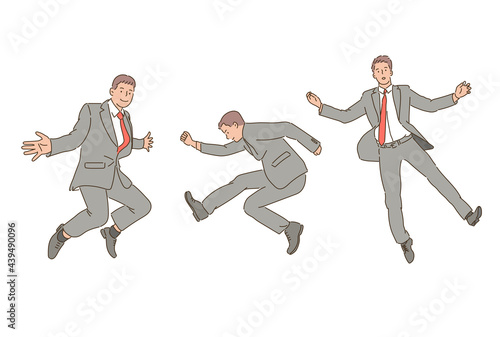 A businessman in a suit is jumping and having fun. hand drawn style vector design illustrations. 