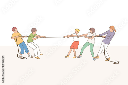 People divide teams and play tug of war. hand drawn style vector design illustrations. 