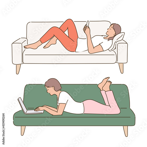 A woman lying comfortably on the sofa and looking at her phone. A woman lying comfortably on the sofa and looking at a laptop. hand drawn style vector design illustrations. 