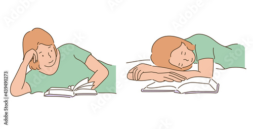A girl fell asleep while reading a book. hand drawn style vector design illustrations. 