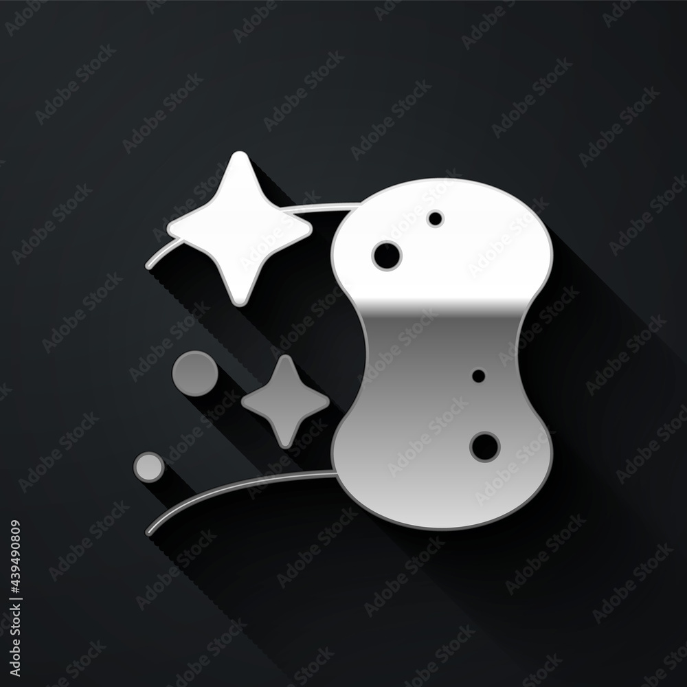 Silver Sponge icon isolated on black background. Wisp of bast for washing dishes. Cleaning service logo. Long shadow style. Vector Silver Sponge icon isolated on black background. Wisp of bast for washing dishes. Cleaning service logo. Long shadow style. Vector