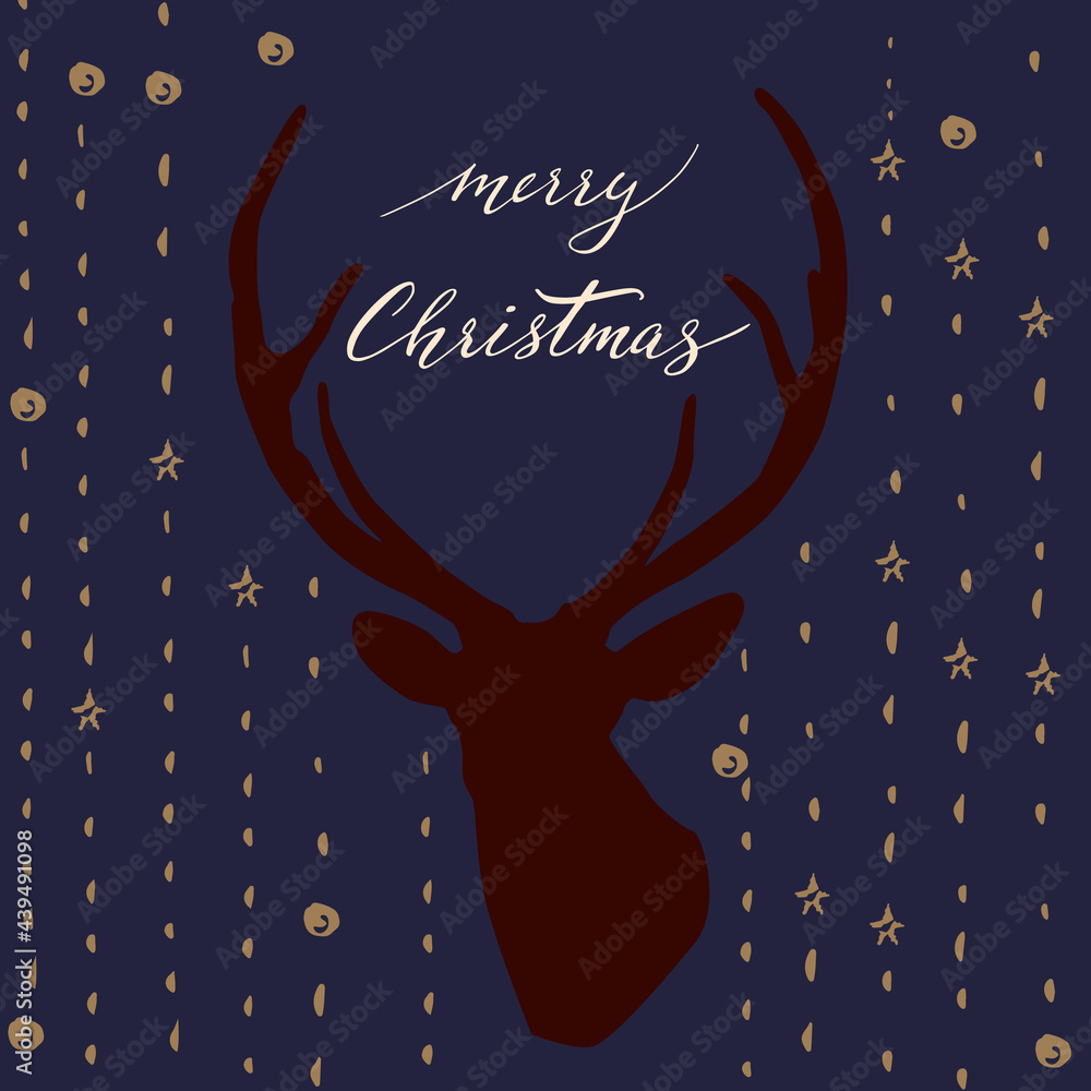 Merry Christmas background with deer silhouette, vector illustration