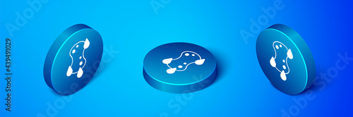 Isometric Sponge icon isolated on blue background. Wisp of bast for washing dishes. Cleaning service logo. Blue circle button. Vector