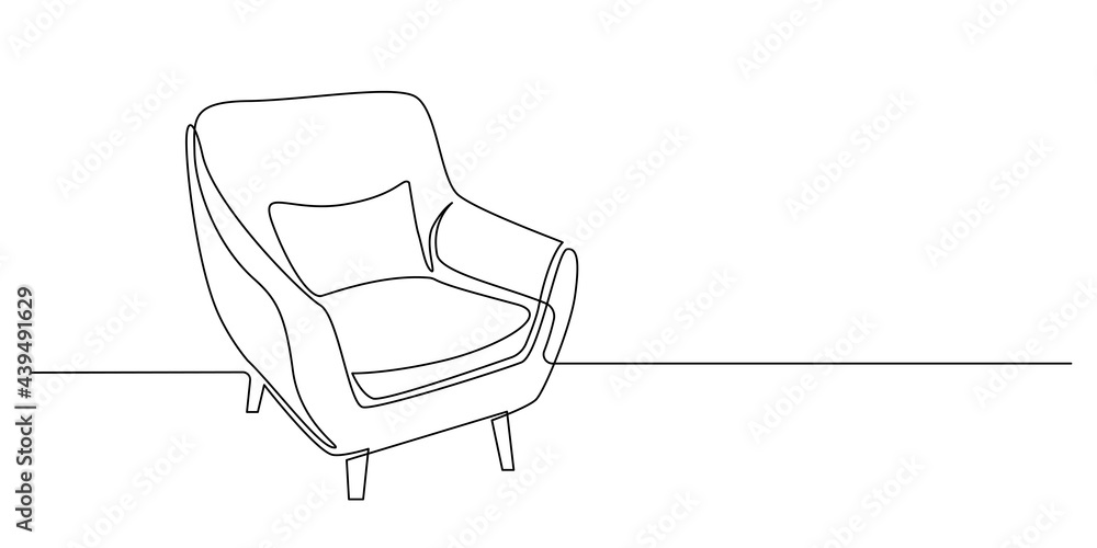 Continuous one line drawing of armchair with pillow. Modern furniture in simple Linear style. Doodle vector illustration Continuous one line drawing of armchair with pillow. Modern furniture in simple Linear style. Doodle vector illustration