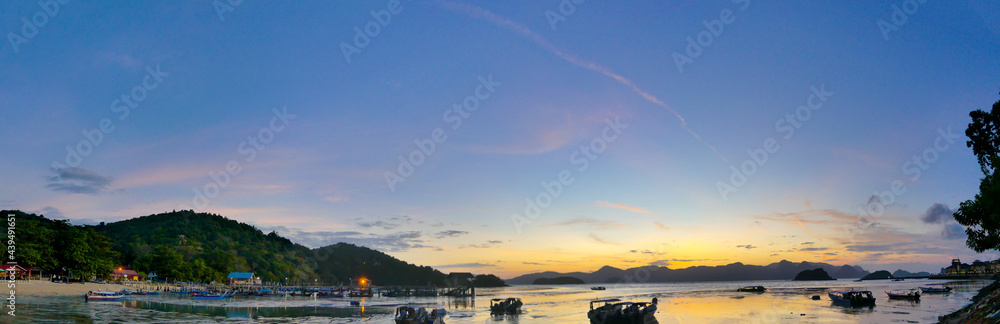 Panorama of early sunrise in Teluk Baru, Langkawi Island Malaysia