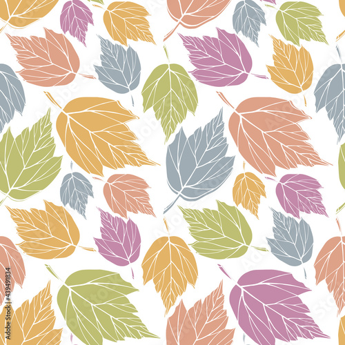 Falling leaves silhouettes seamless pattern. Multicolored foliage boundless background. Pastel herbal endless texture. Leaves contours repeating surface design. Cute colorful botanic backdrop.