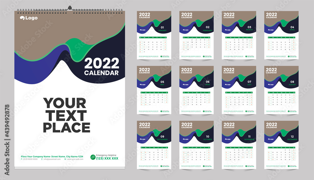 Monthly wall calendar template design for 2022, 2023, 2024, 2025, 2026