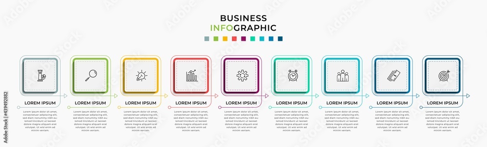 Fototapeta premium Vector Infographic design business template with icons and 9 options or steps. Can be used for process diagram, presentations, workflow layout, banner, flow chart, info graph