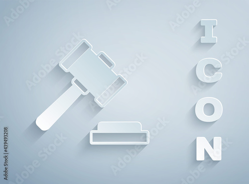 Paper cut Judge gavel icon isolated on grey background. Gavel for adjudication of sentences and bills, court, justice. Auction hammer. Paper art style. Vector