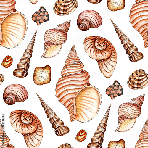 Watercolor illustration of seamless pattern seashells in beige colors. Endlessly repeating marine background. Scallops, molluscs and spirals. Isolated over white background. Drawn by hand.