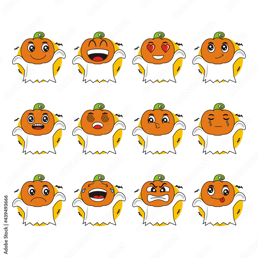 Fototapeta premium cartoon illustration of pumpkin ghost wandering around at night with various funny facial expressions