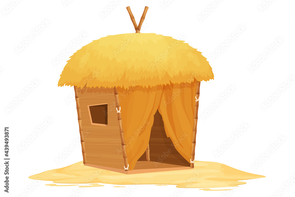 Beach bungalow, tiki hut with straw roof, bamboo and wooden details on sand  in cartoon style isolated on white background. Fantasy building, vacation  concept. Vector illustration Stock Vector | Adobe Stock