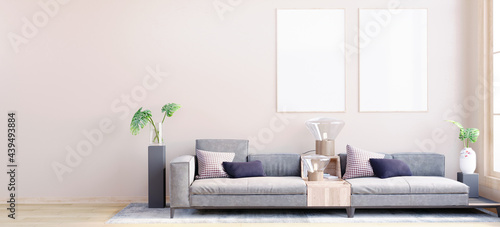 3d rendering,3d illustration, Interior Scene and Frame mockup,beige wall large gray sofa warm white glass light dome.