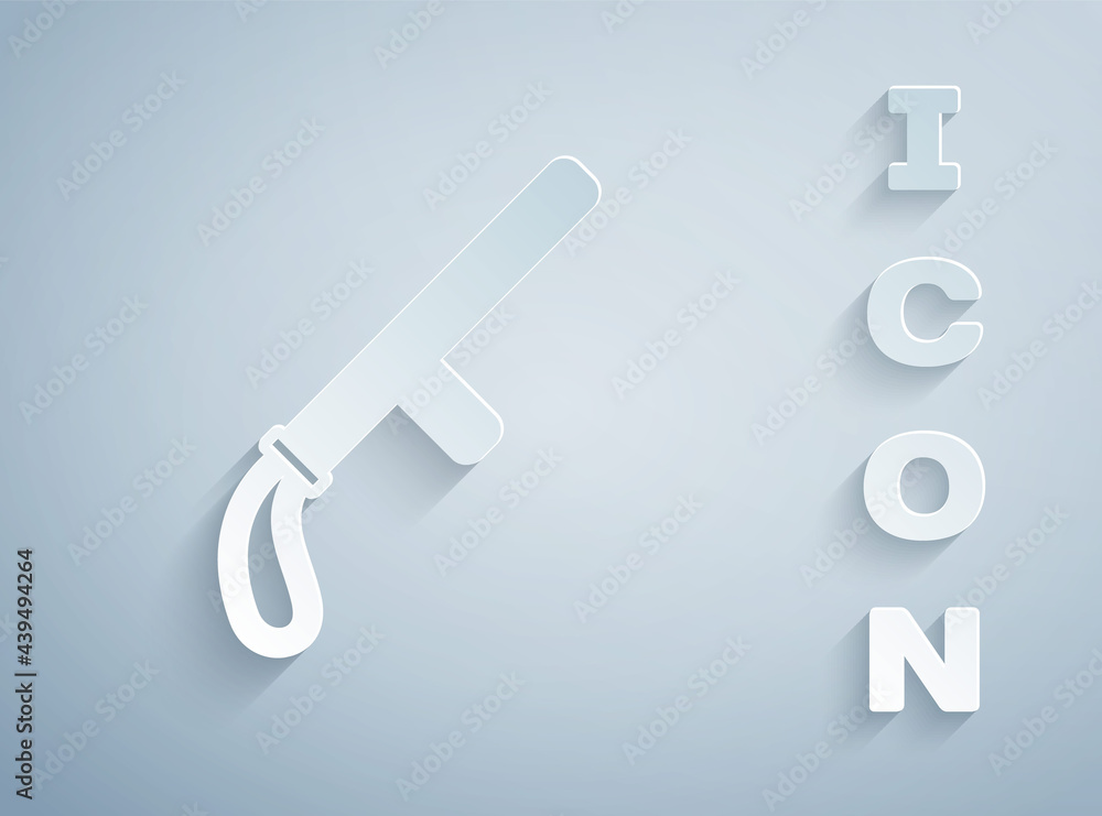 Paper cut Police rubber baton icon isolated on grey background. Rubber truncheon. Police Bat. Police equipment. Paper art style. Vector Paper cut Police rubber baton icon isolated on grey background. Rubber truncheon. Police Bat. Police equipment. Paper art style. Vector