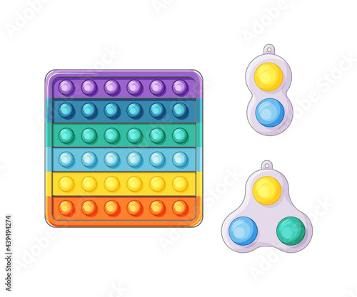 A set of anti-stress toys fidget sensory pop it and a simple dimple on a white background. Bright educational toys. Vector illustration