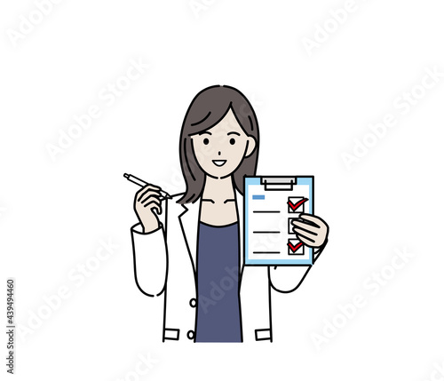 医者　女医　薬剤師　カウンセラー　白衣を着た女性　健康チェック　記入　イラスト素材