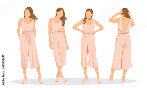 Lady girl is posing for some photo shooting, she use casual outfit like nude colour jumpsuit and heels.