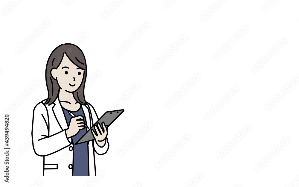 カルテを書く医者　女医　白衣を着た女性　療録　記録　コピースペース　イラスト素材