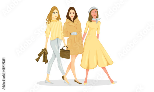women are walking illustration character lady girl with brown outfit winter and they like a model. Their outfit can be using for Work or Meeting