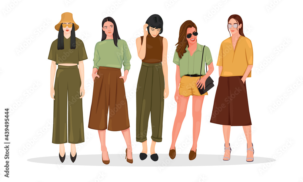 Fototapeta premium Full body model famous trendy girl, business woman have a life style. She use hand bag, sun glasses, coat, boat. Super elegant with green yellow mustard colour