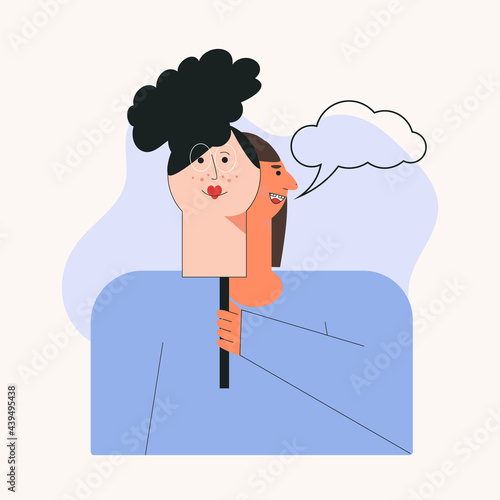 Woman covering her face with mask Concept of changing natural personality to conform to social requirements and pressure. Fake identity, scammer girl flat vector cartoon illustration isolated white