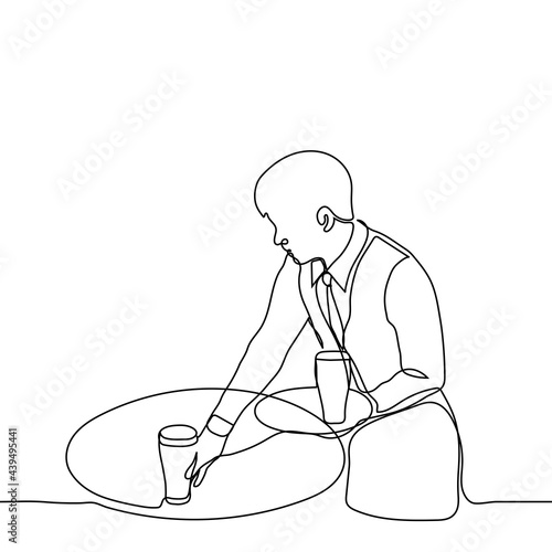 waiter brought drinks and puts one of them on the table - one line drawing. restaurant service concept, oktoberfest, beer bar evening