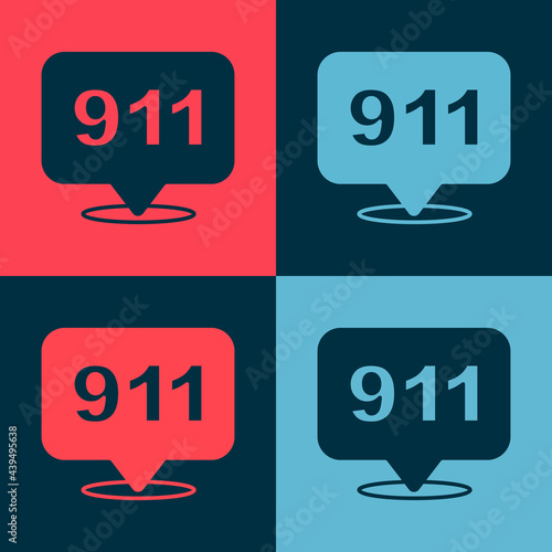 Pop art Telephone with emergency call 911 icon isolated on color background. Police, ambulance, fire department, call, phone. Vector