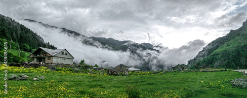  Fog in the mountains. Spring scenic landscape in the Caucasus