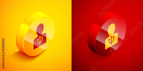 Isometric Psychology icon isolated on orange and red background. Psi symbol. Mental health concept, psychoanalysis analysis and psychotherapy. Circle button. Vector