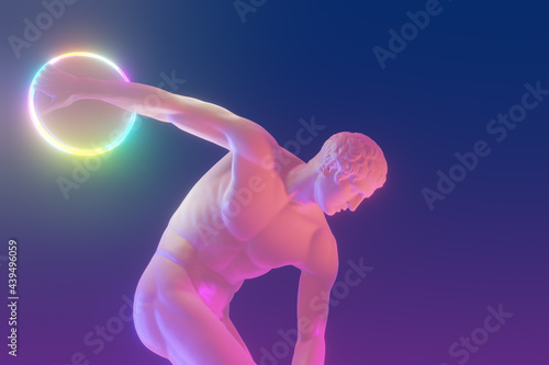 Vaporwave illustration of Greek statue of Discobolus holding a neon disk  photo